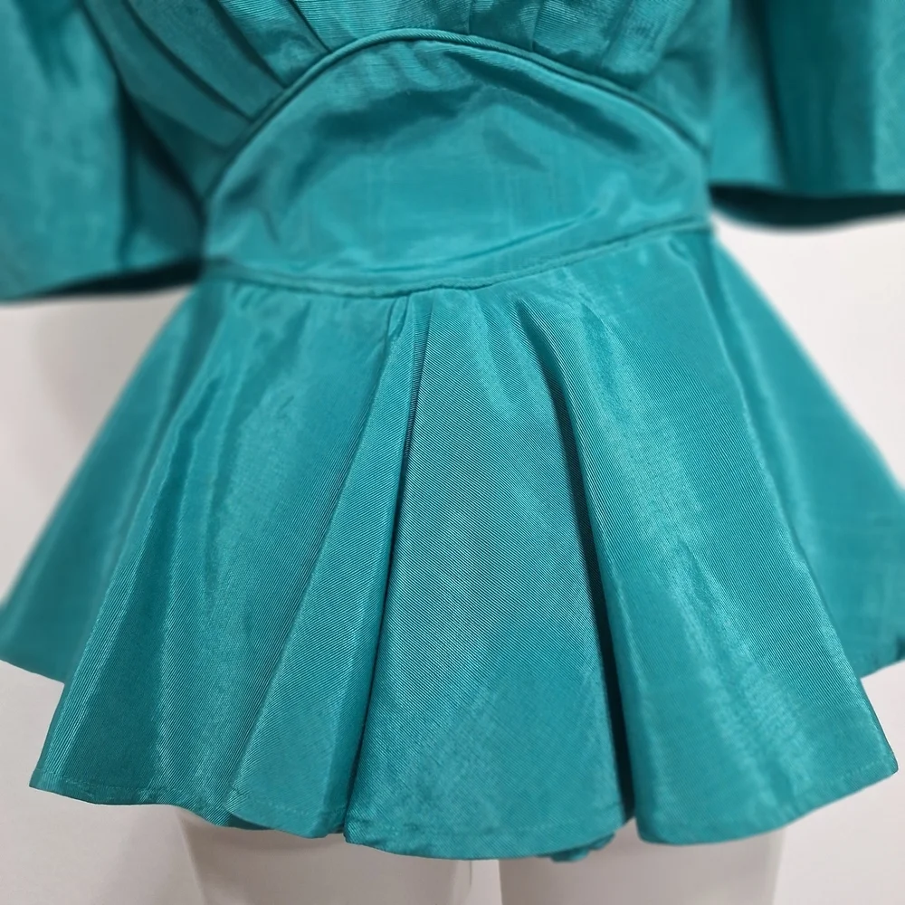 Watters & Watters Green Victorian Puff Sleeves Front Bow Peplum Top Size 14 - Picture 10 of 14